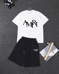 Amiri Overlapped Logo Short‑Sleeve T‑Shirt & Drawstring Shorts Two‑Piece Set