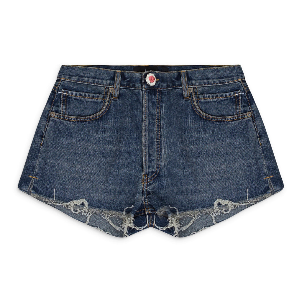 CROCHET APPLIQUE DENIM HONOLULU WASH BLUE SHORTS