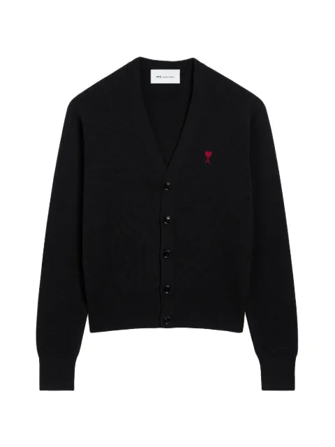 AMI Paris black V-neck wool cardigan with Ami de Coeur