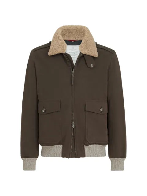 Brunello Cucinelli waxed techno cotton bomber jacket with Thermore® padding and detachable shearling collar