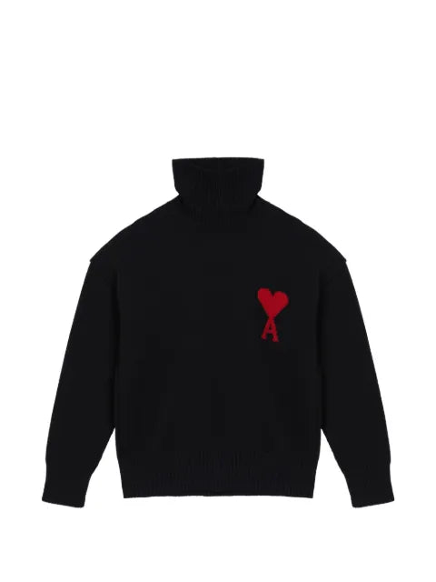 AMI Paris black funell-neck wool sweater with Ami De Coeur