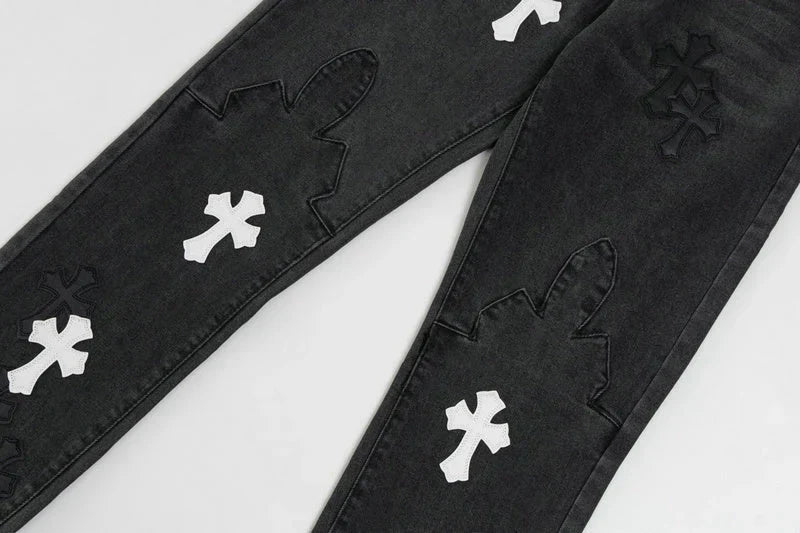 Chrome Hearts Black & White Cross Patch Flame Knee Jeans