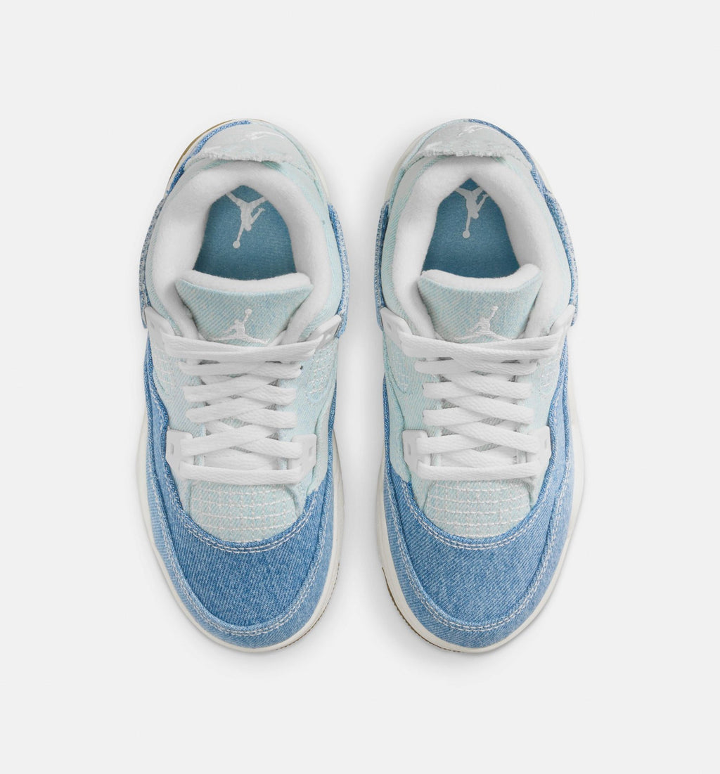 Air Jordan 4 Retro Worn Blue Preschool Shoes - Sail/Worn Blue/Metallic Gold