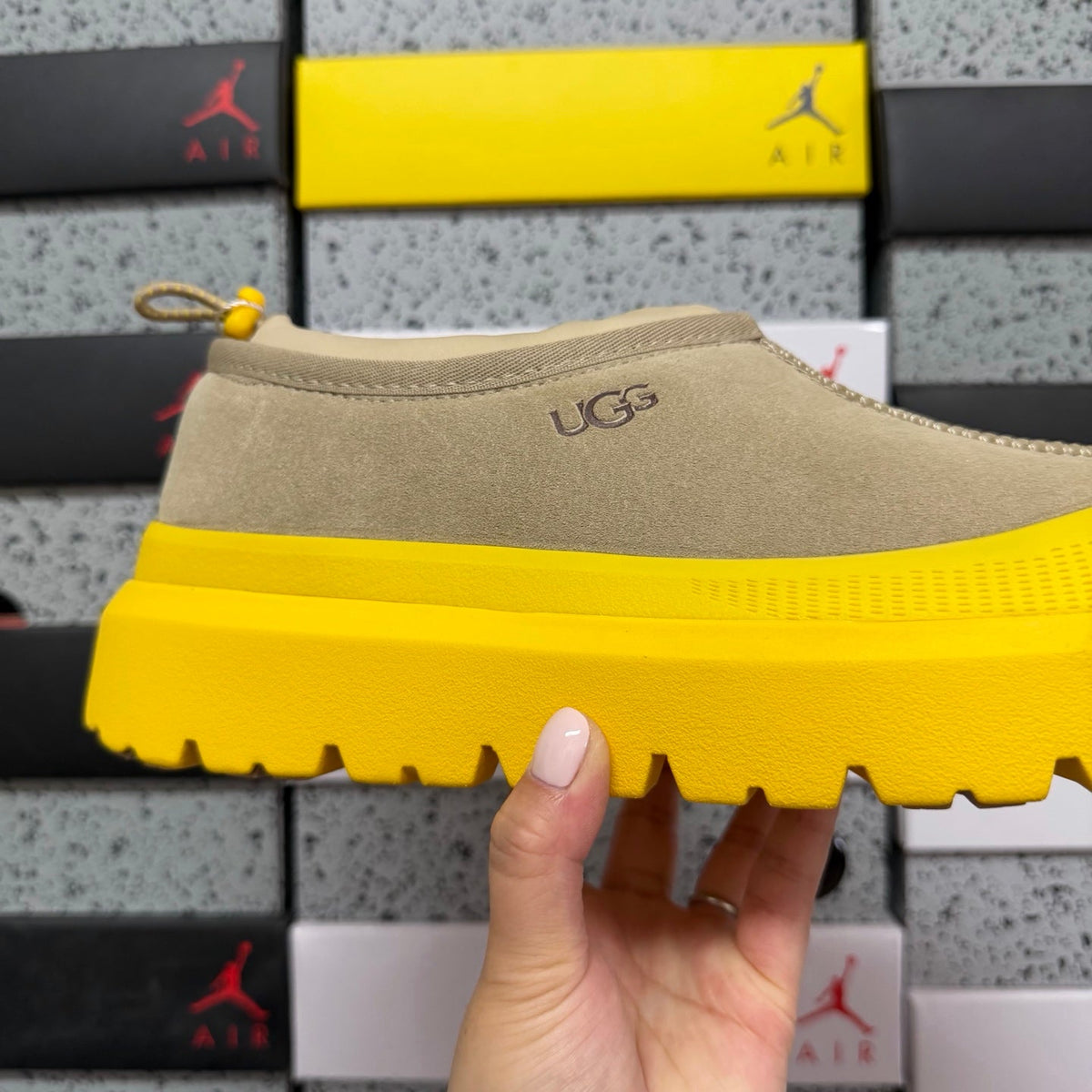 UGG Tasman X Platform Slip-On – Suede Clog with Shearling Lining, Paracord Toggle & Bold Yellow Chunky Platform Sole in Sand