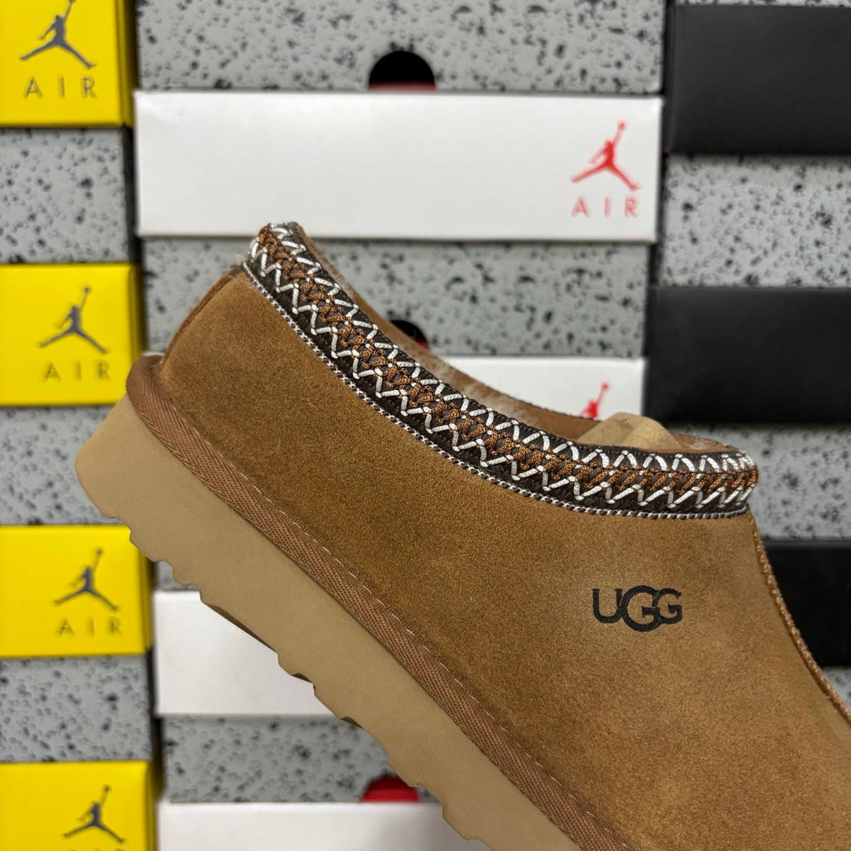 UGG Tasman Slip-On Slipper – Suede Moccasin with Shearling Lining, Brown & White Woven Collar & Sand Lug Sole in Chestnut