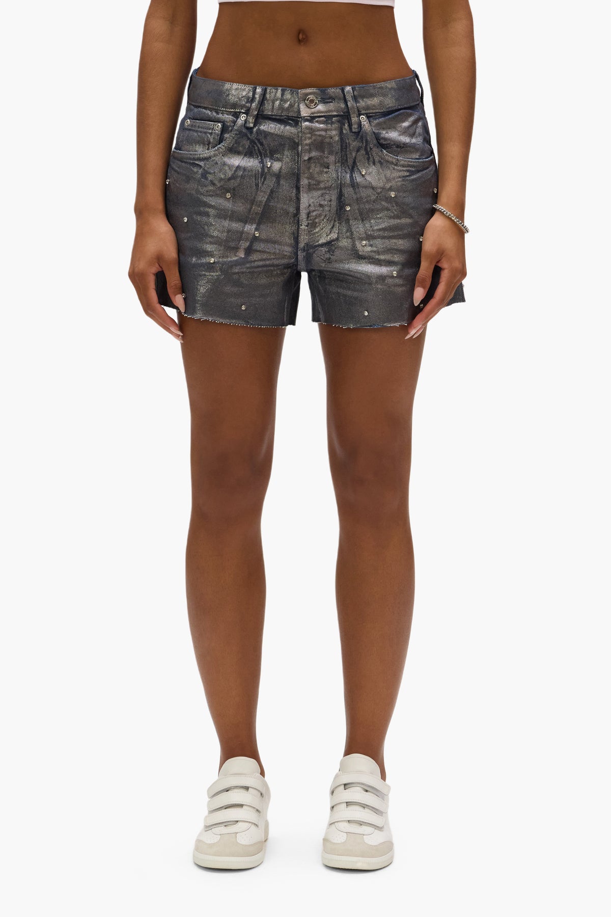 Foil Rhinestone Cut Off Shorts