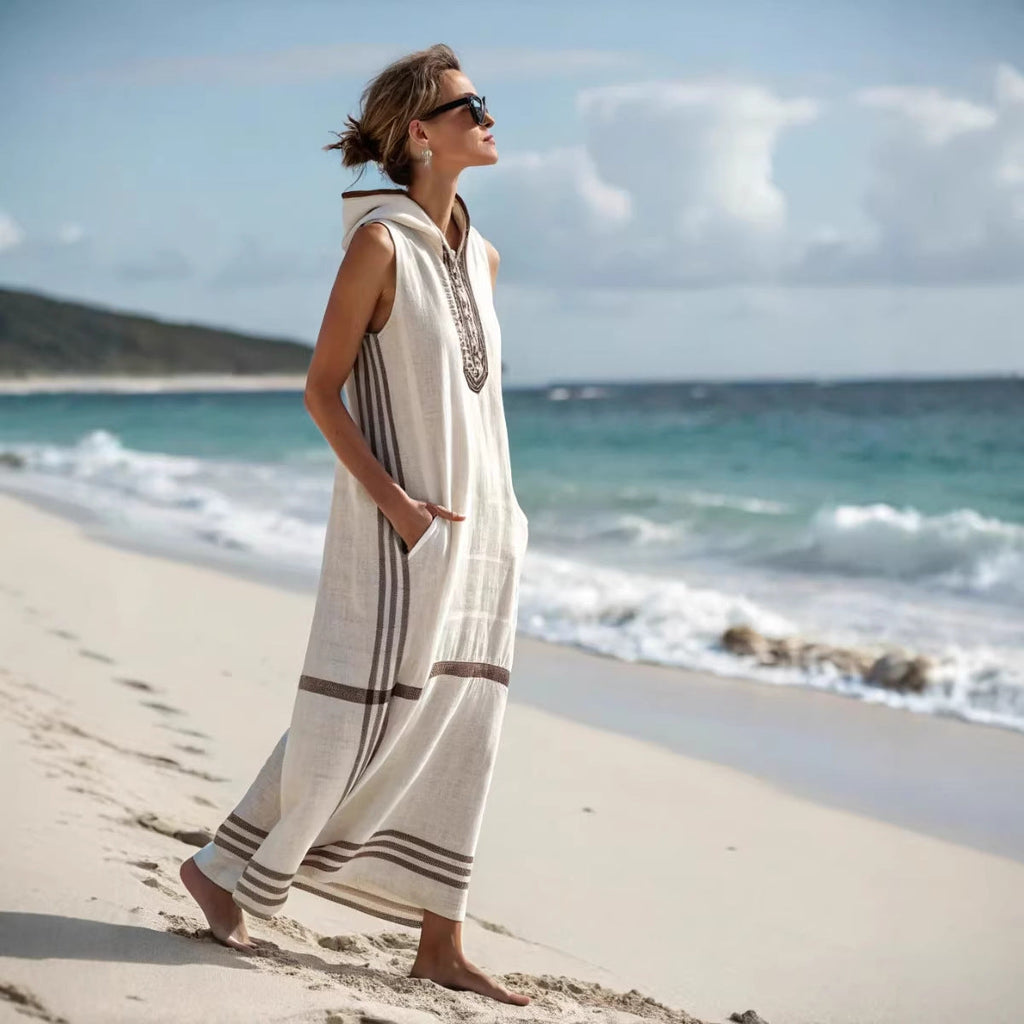Women's Hooded Striped-Trim Sleeveless Maxi Beach Cover-Up