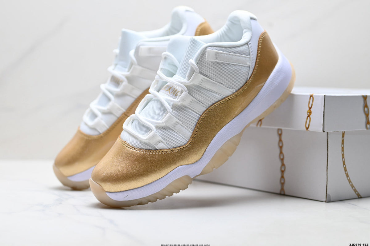 Air Jordan 11 Retro White and Metallic Gold Unisex Sneakers Style 05