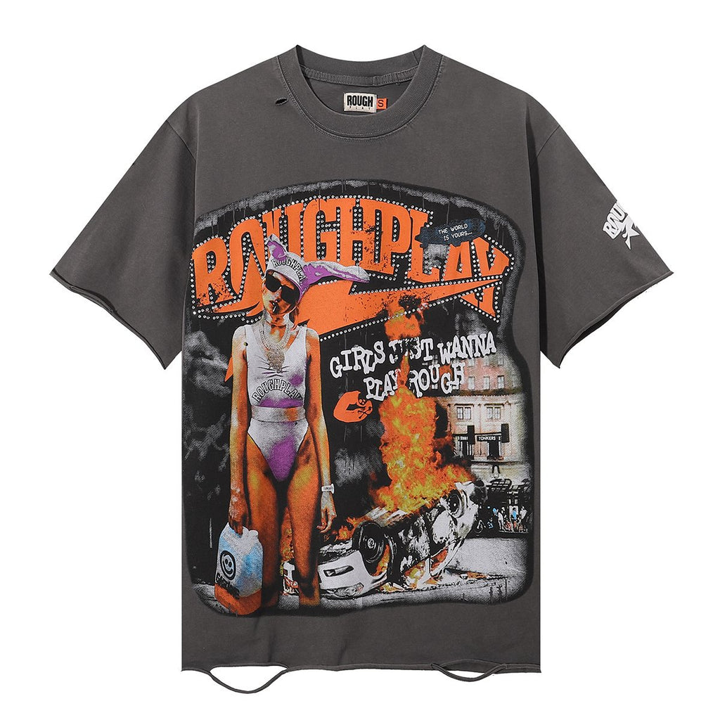Rough Play Bunny Car Rhinestone Distressed T-Shirt