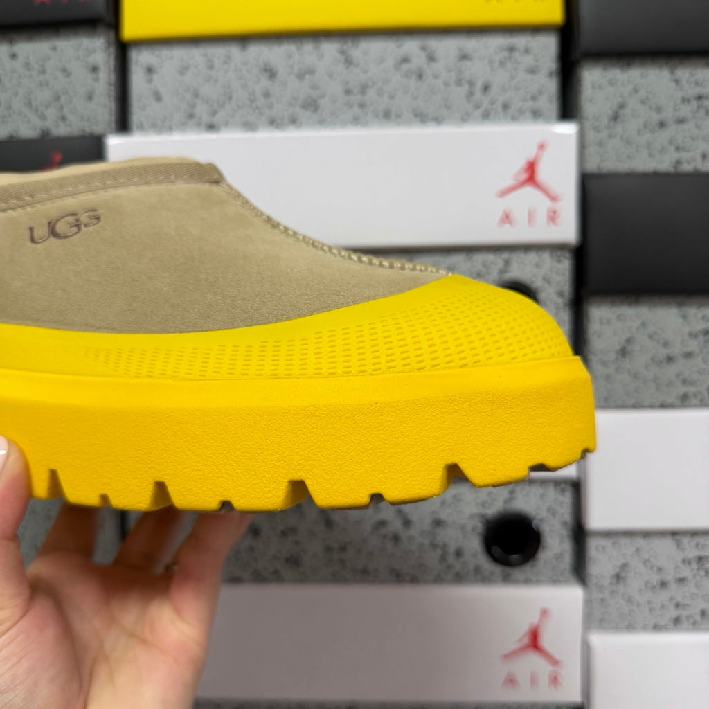 UGG Tasman X Platform Slip-On – Suede Clog with Shearling Lining, Paracord Toggle & Bold Yellow Chunky Platform Sole in Sand