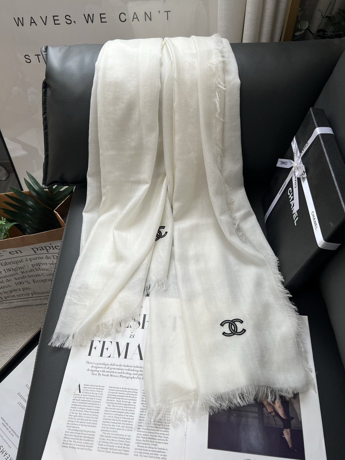 Chanel Style Lightweight Embroidered Logo Scarf