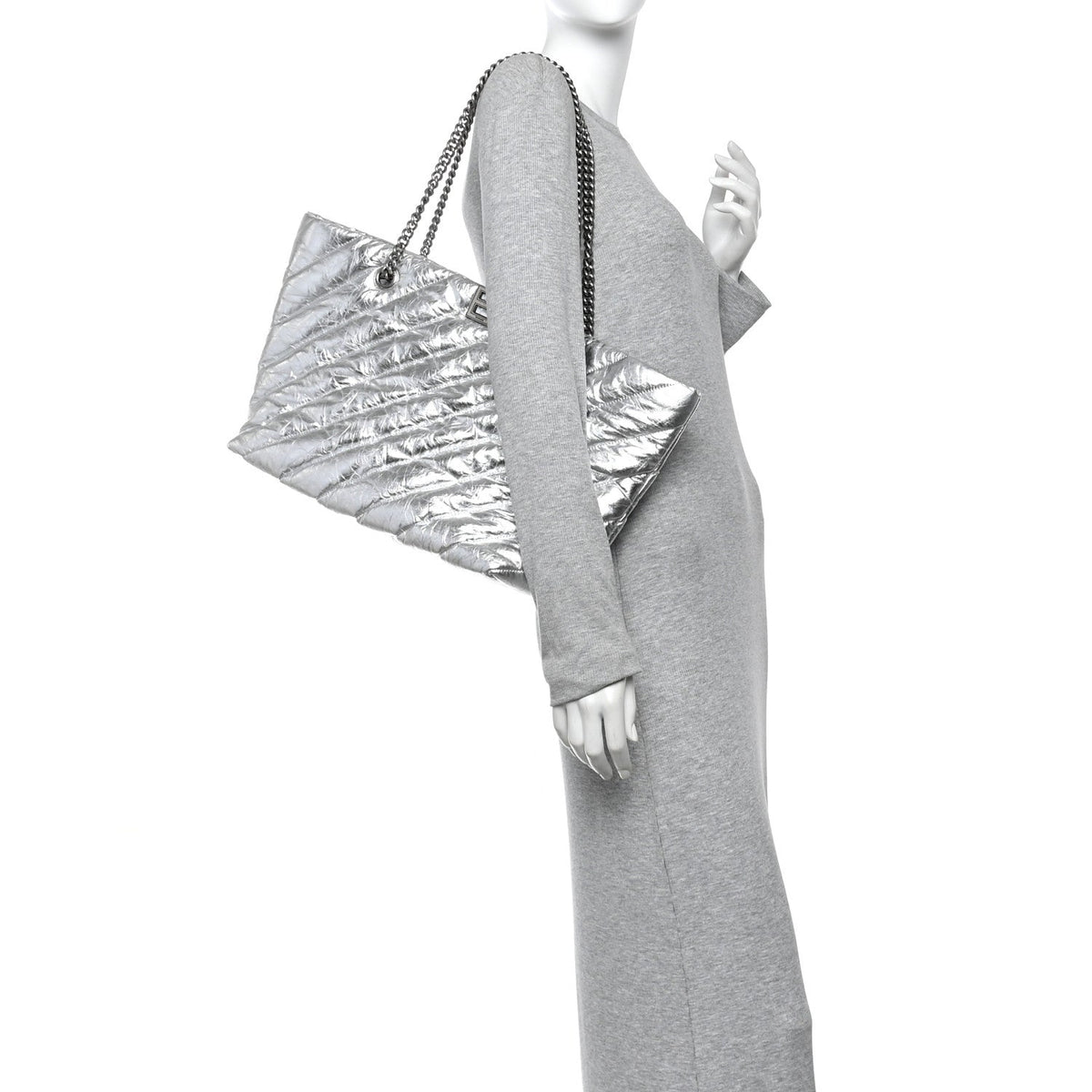 Metallic Crushed Calfskin Quilted Medium Crush Carry All Tote Bag Silver