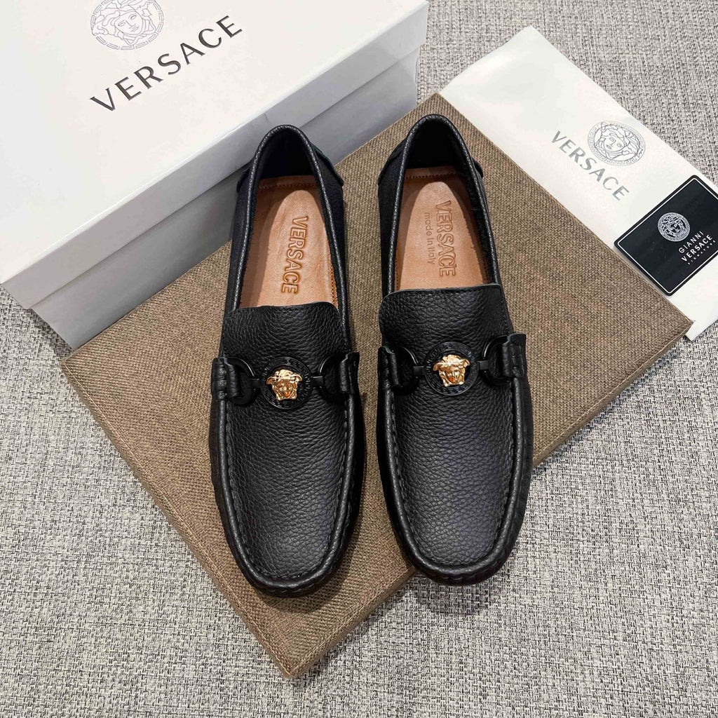 Versace Black Gold-Emblem Slip-On Loafers