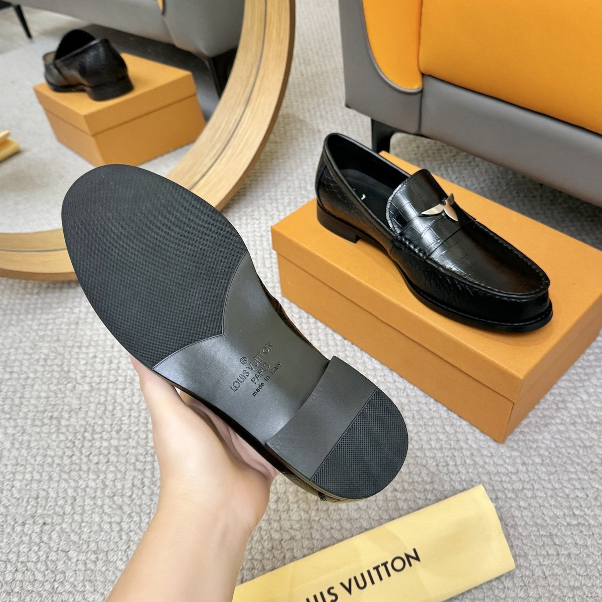 Louis Vuitton Men's Black Embossed Leather Loafers