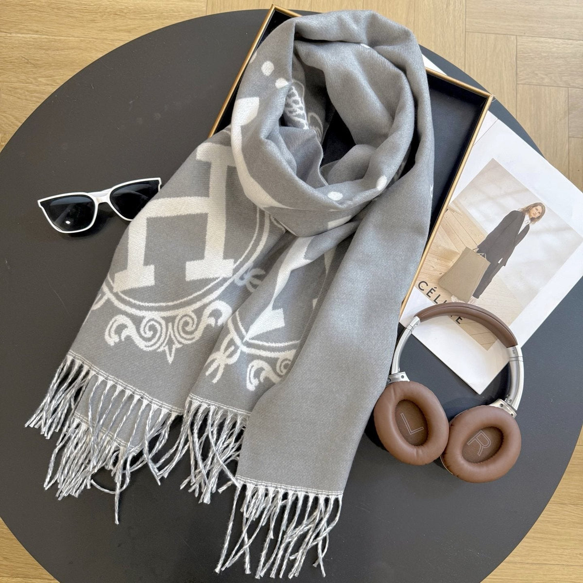Fringed Knit Scarf with Ornamental Motif