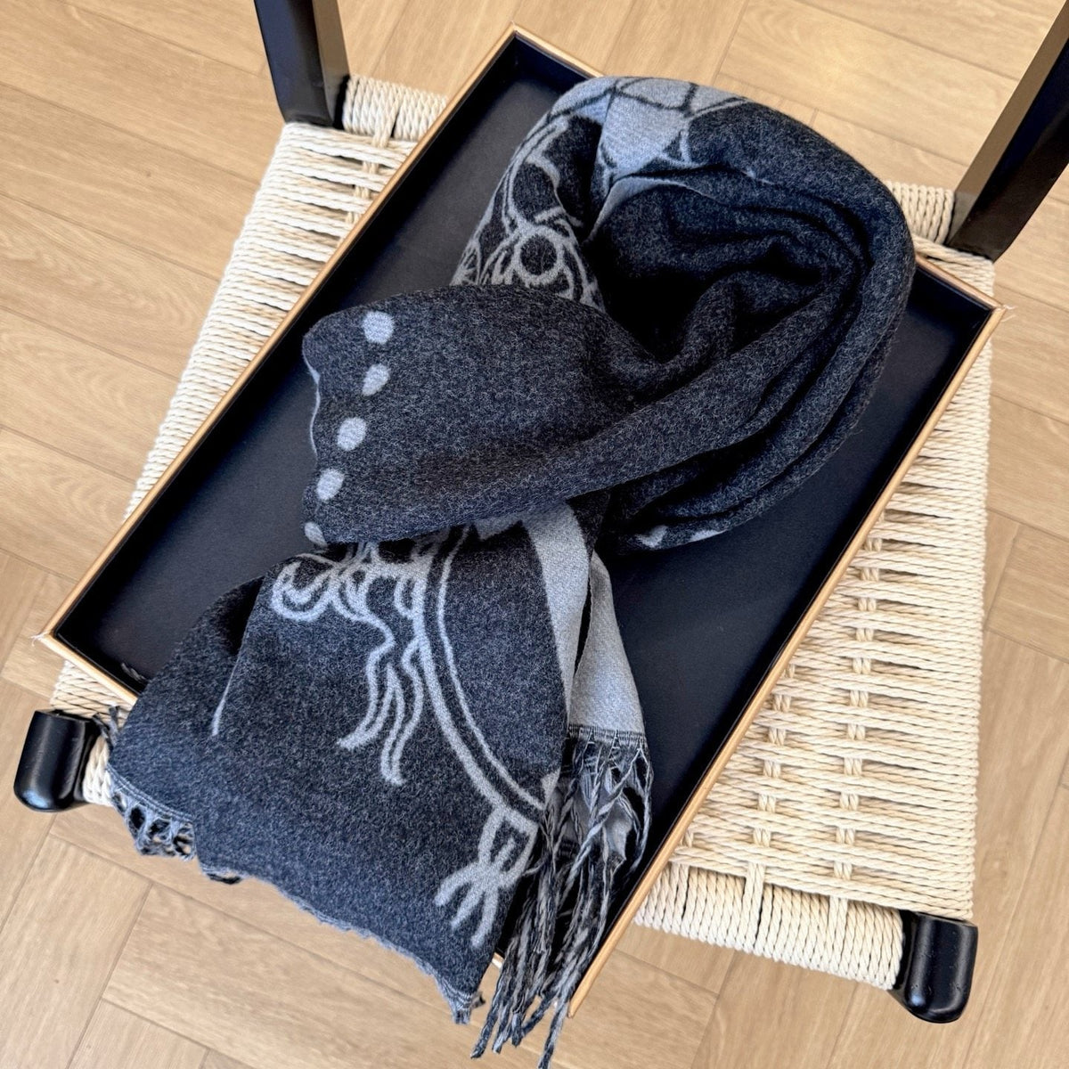 Fringed Knit Scarf with Ornamental Motif