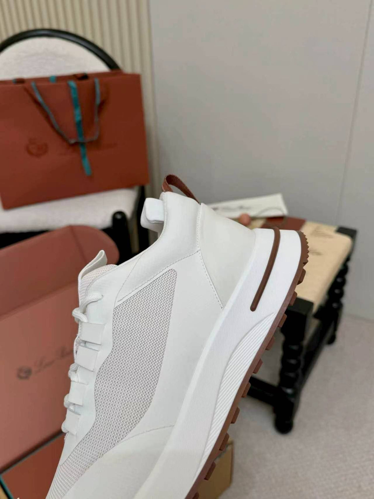 Loro Piana White and Gray Low-Top Sneakers