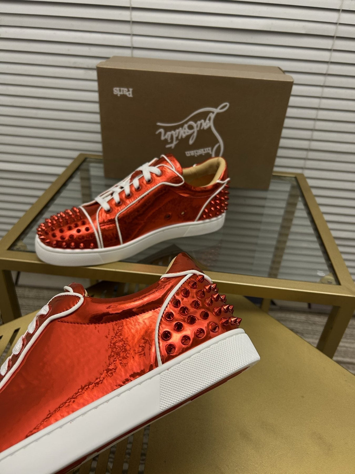 Christian Louboutin Metallic Red Studded Sneakers