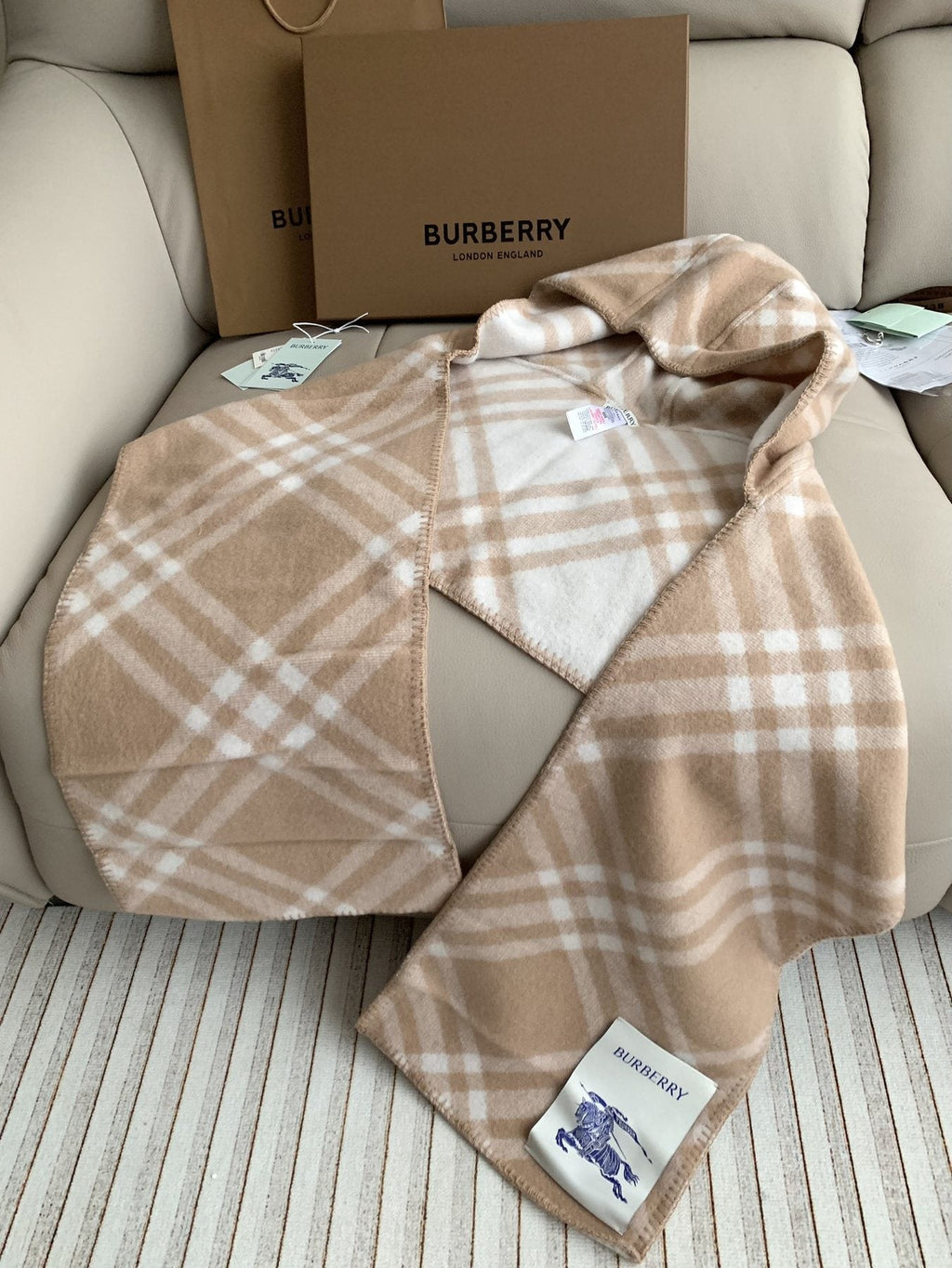 Burberry Beige Plaid Fringe Scarf