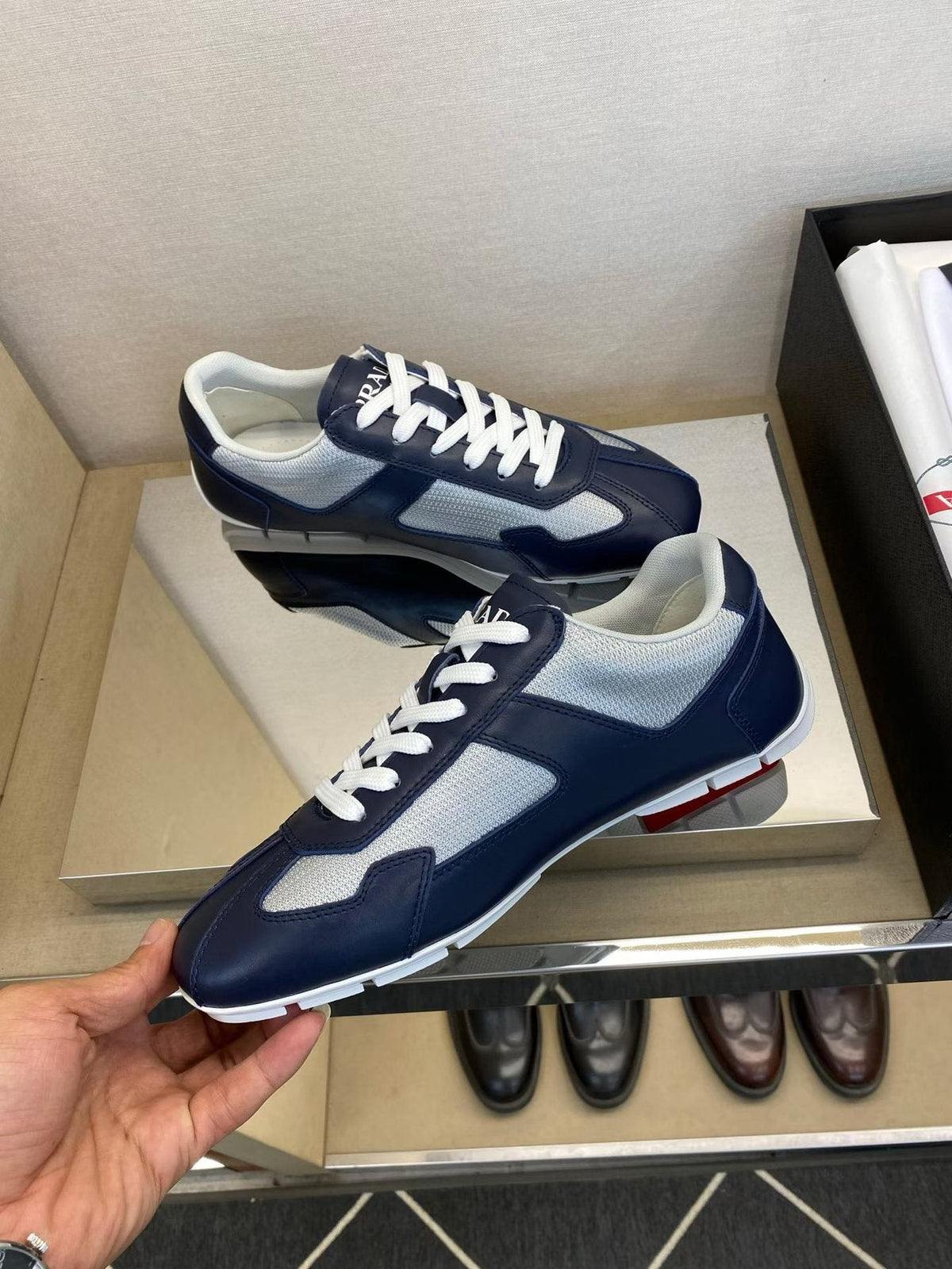 Prada Men's Navy Blue Panel Low-Top Sneakers