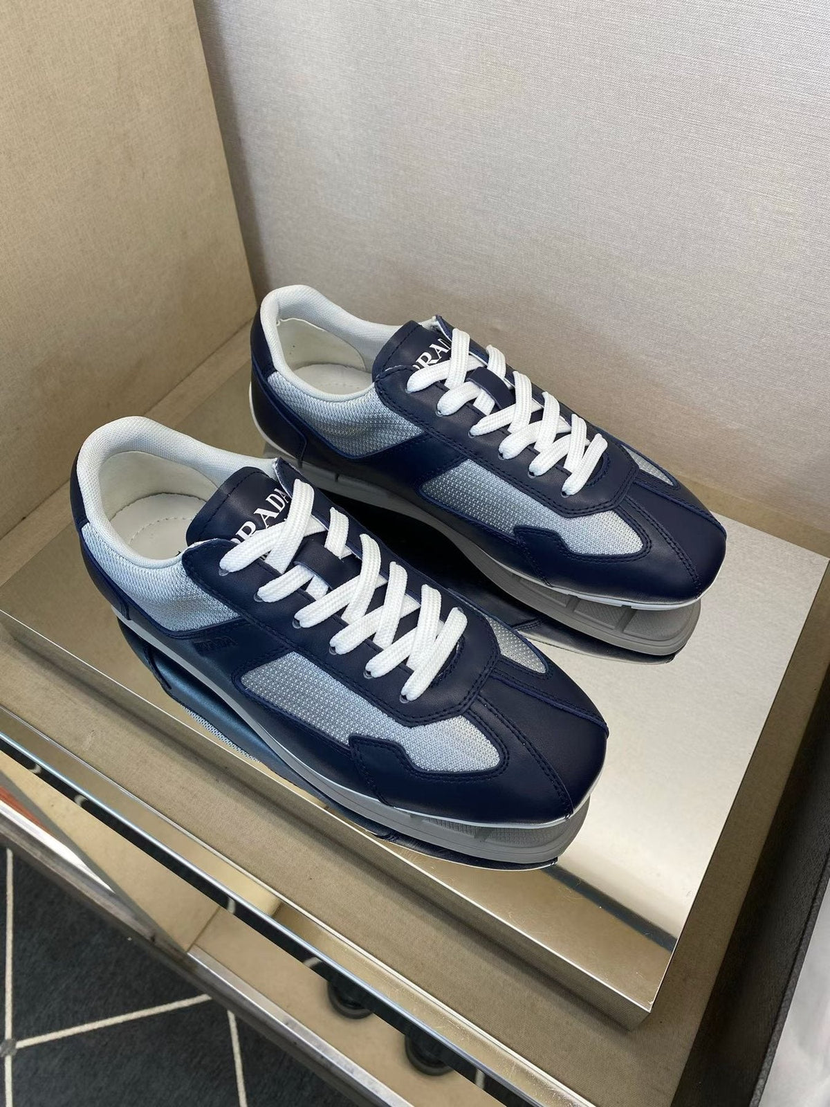 Prada Men's Navy Blue Panel Low-Top Sneakers