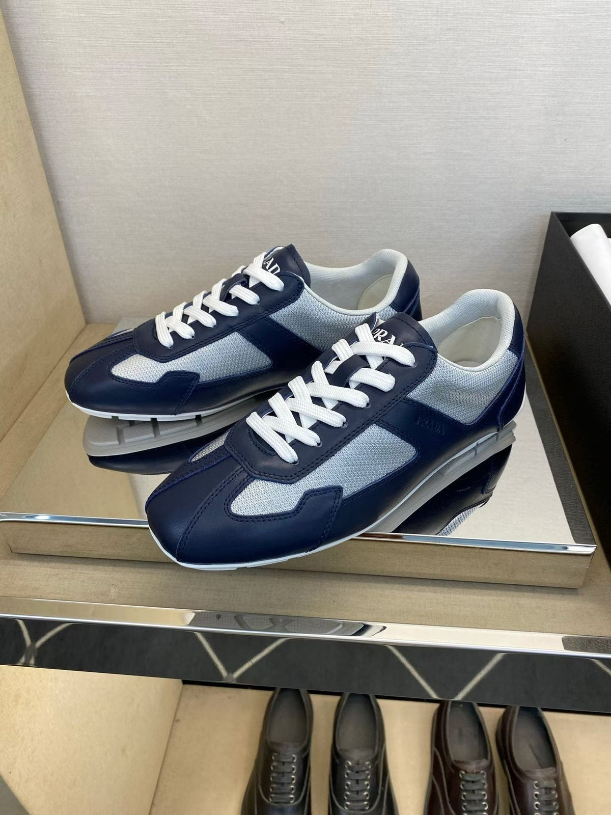 Prada Men's Navy Blue Panel Low-Top Sneakers