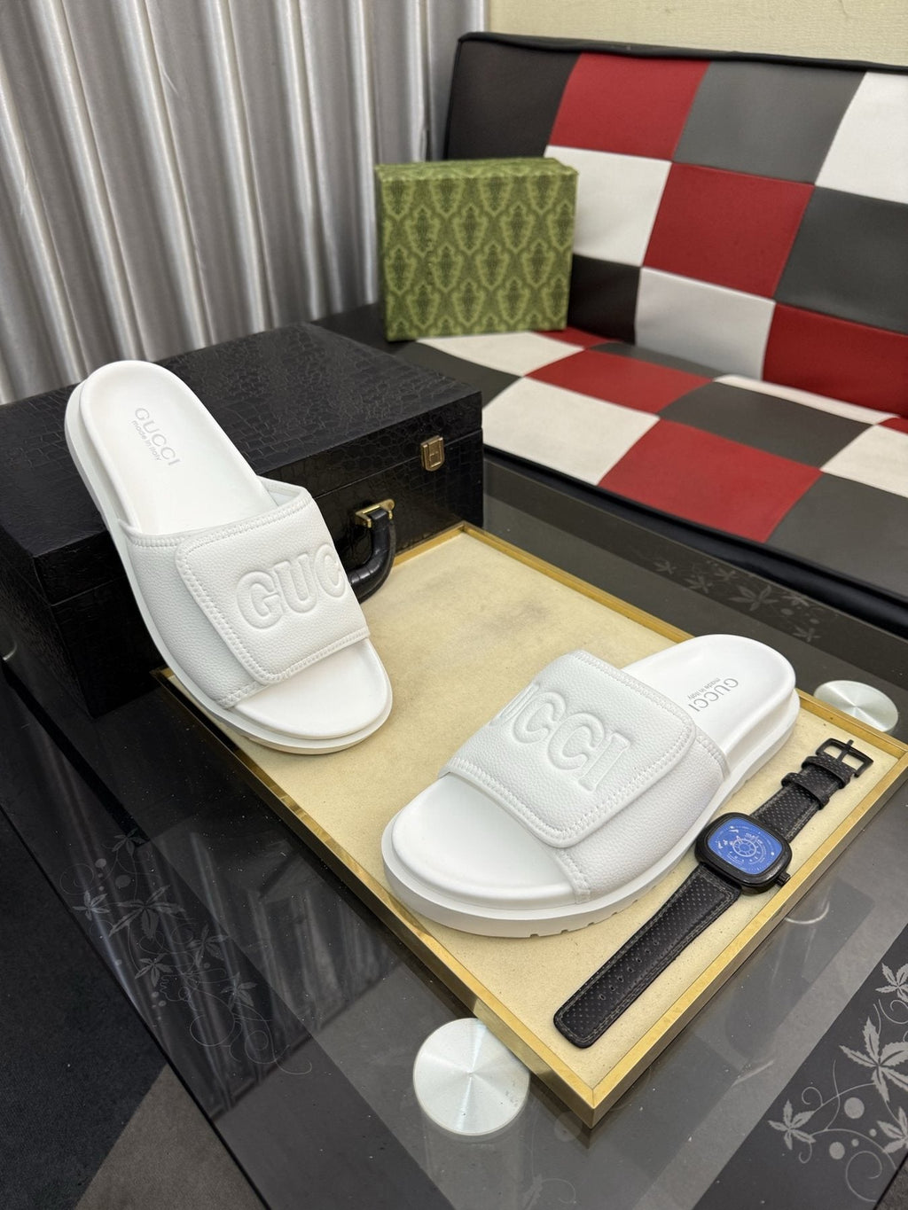 Gucci White Embossed Slide Sandals
