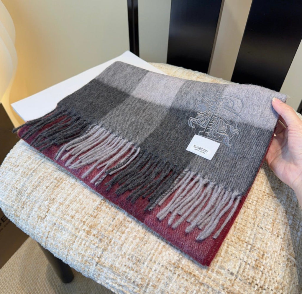 Burberry Burgundy Plaid Fringed Scarf