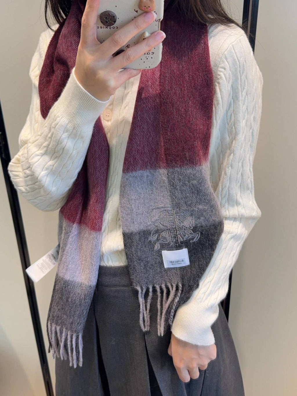 Burberry Burgundy Plaid Fringed Scarf