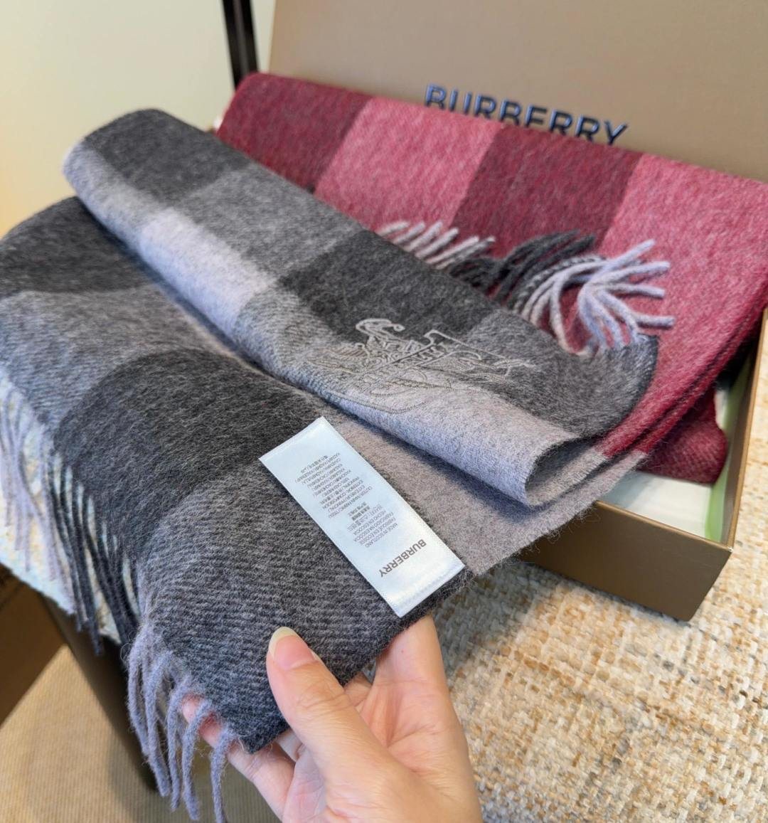 Burberry Burgundy Plaid Fringed Scarf