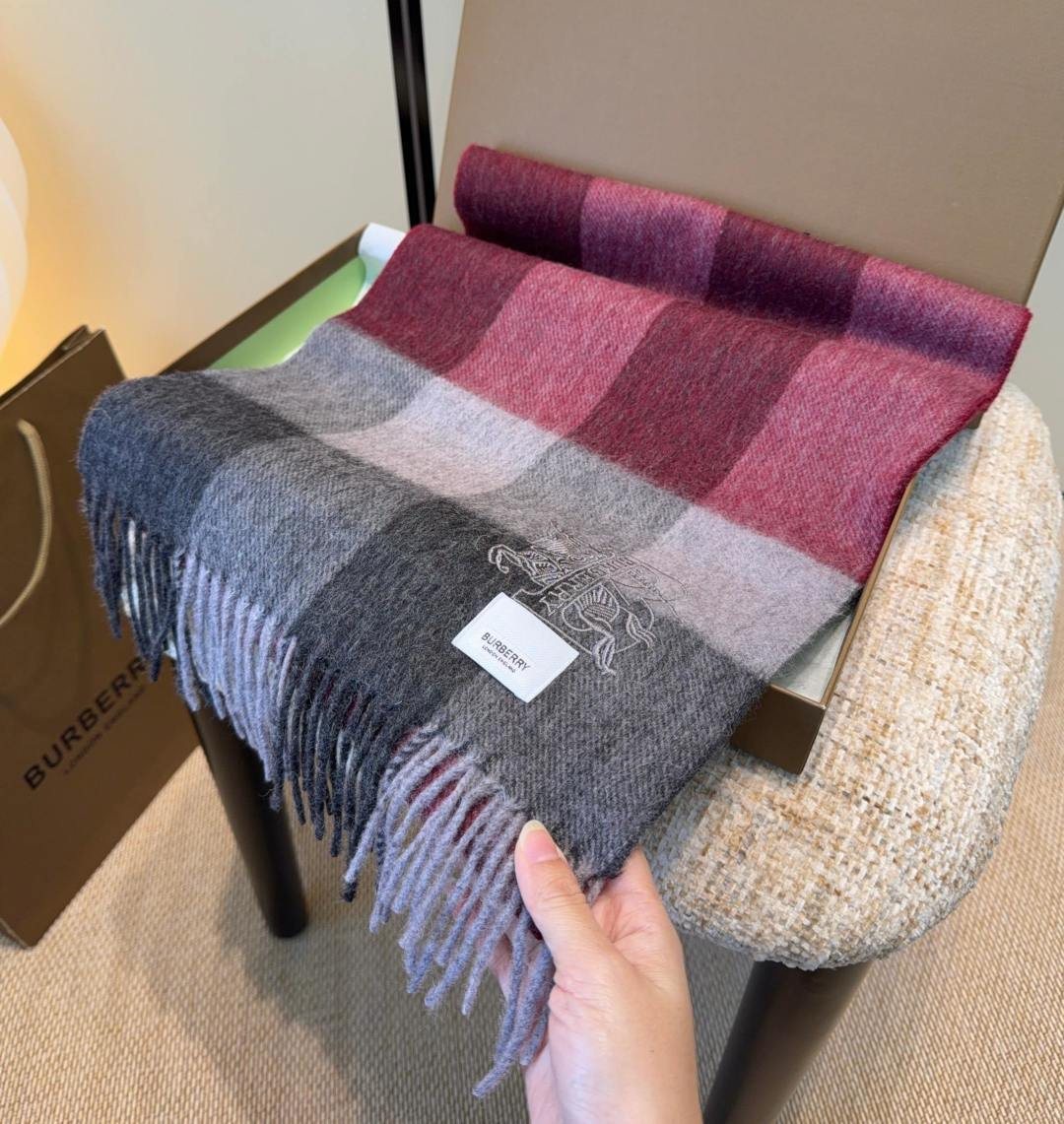 Burberry Burgundy Plaid Fringed Scarf