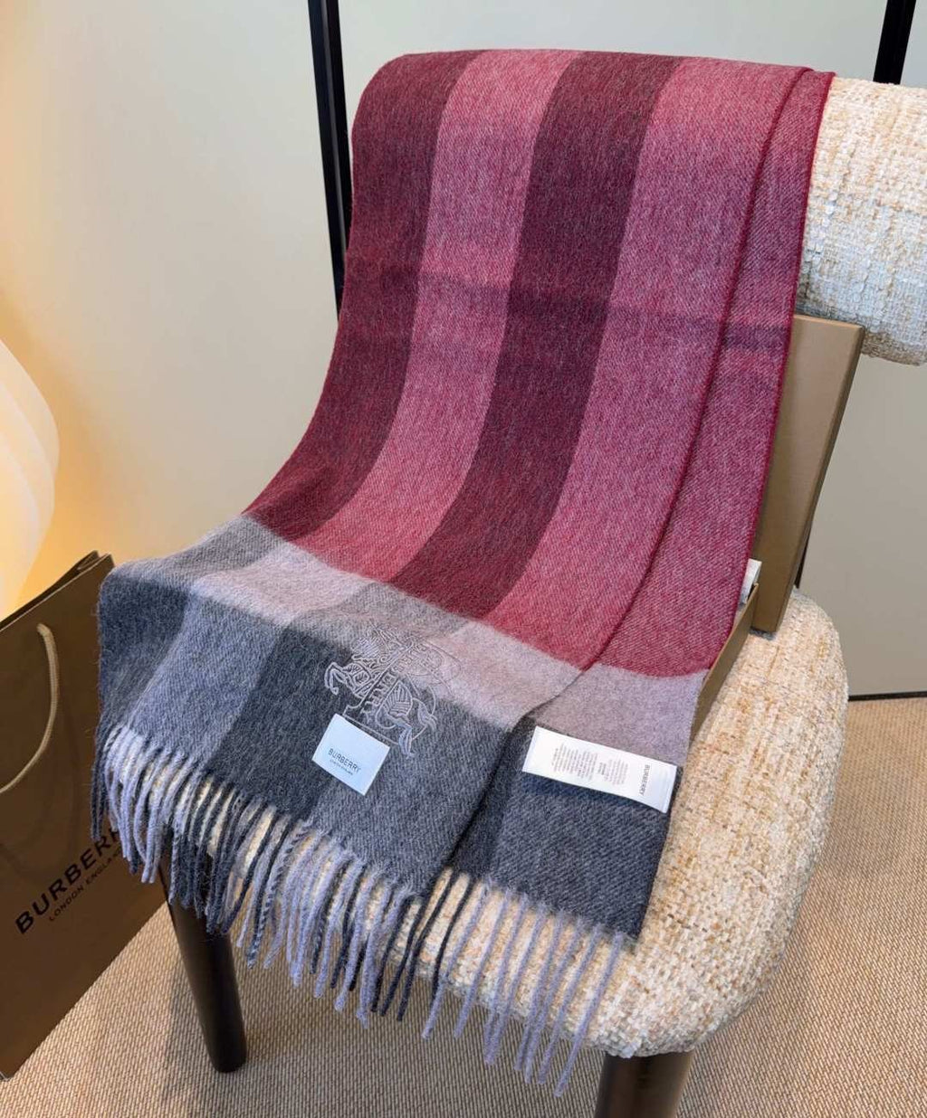 Burberry Burgundy Plaid Fringed Scarf