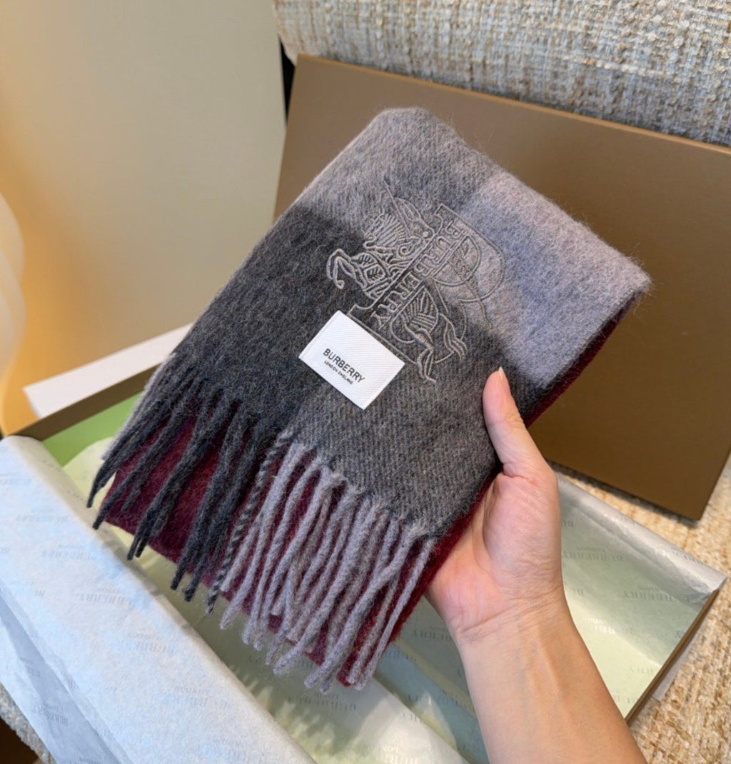 Burberry Burgundy Plaid Fringed Scarf