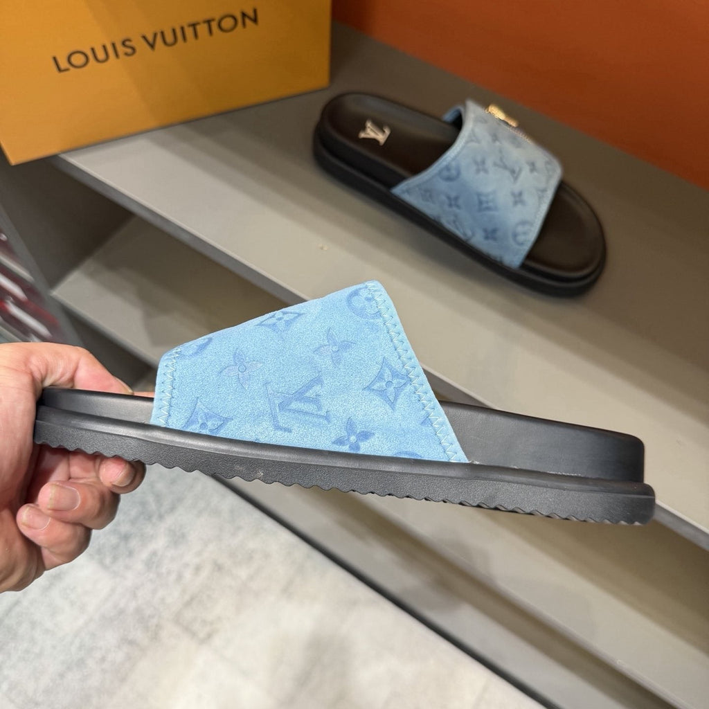 Louis Vuitton Light Blue Zip-Accent Slide Sandals