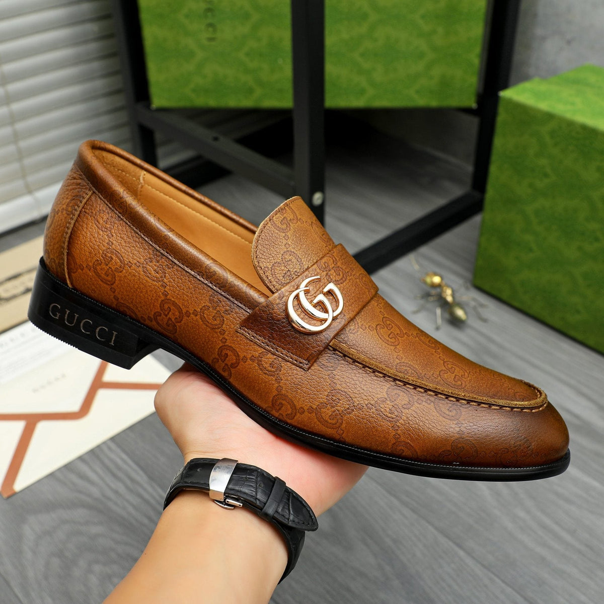 Gucci Brown Textured Loafers