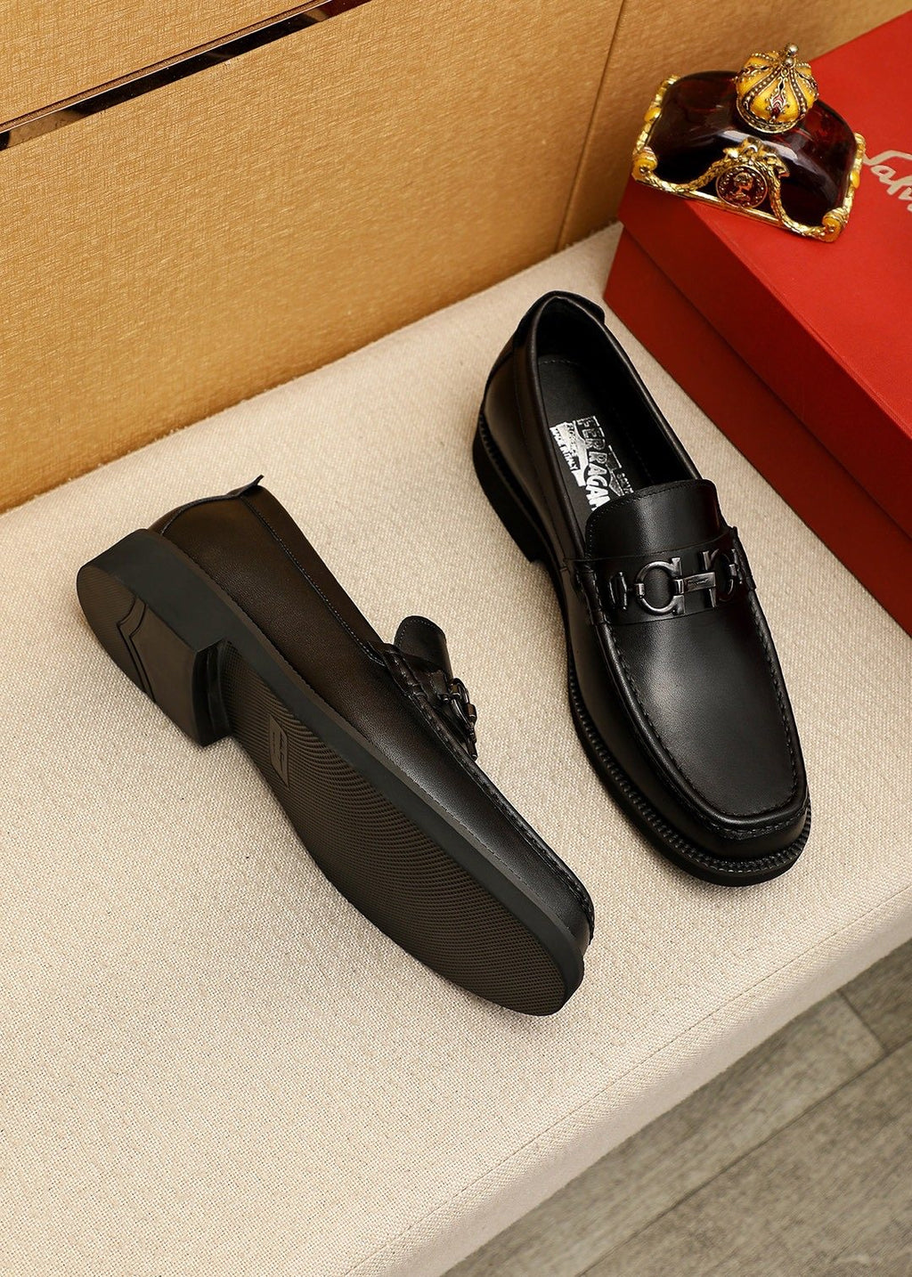 Ferragamo Black Hardware Loafers - Stacked Heel