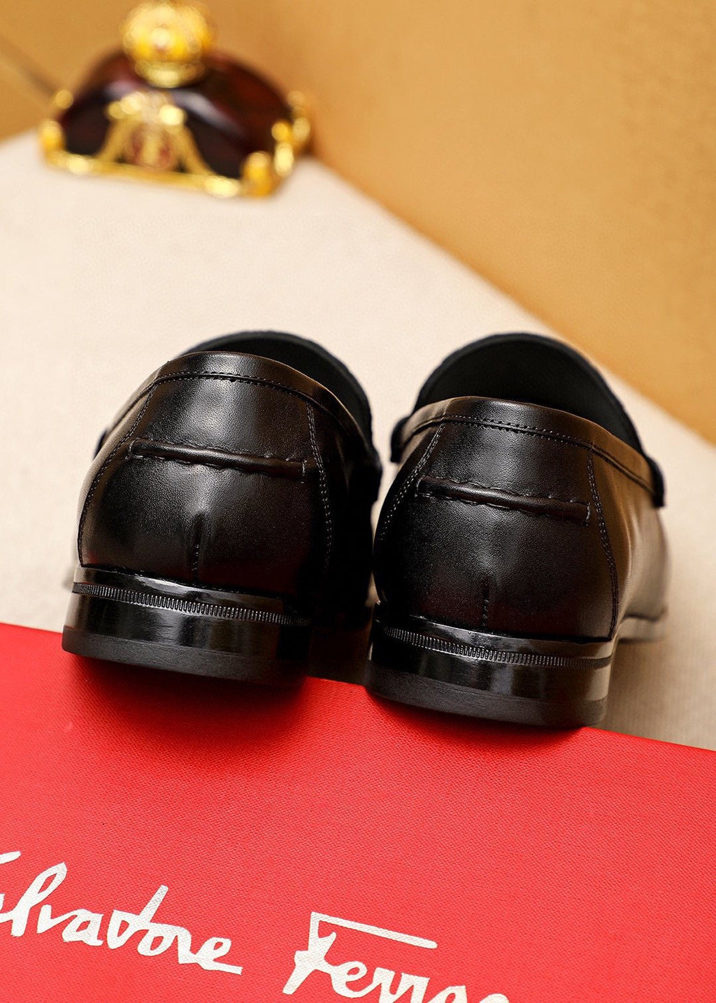 Ferragamo Men's Black Embossed Buckle Loafers - Metal Buckle Detail