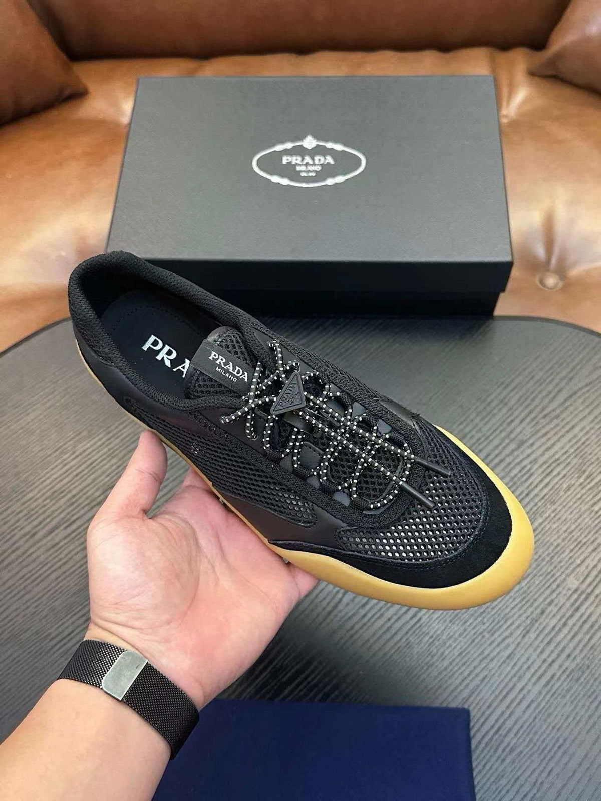 Prada Men's Black Sneakers with Yellow Sole