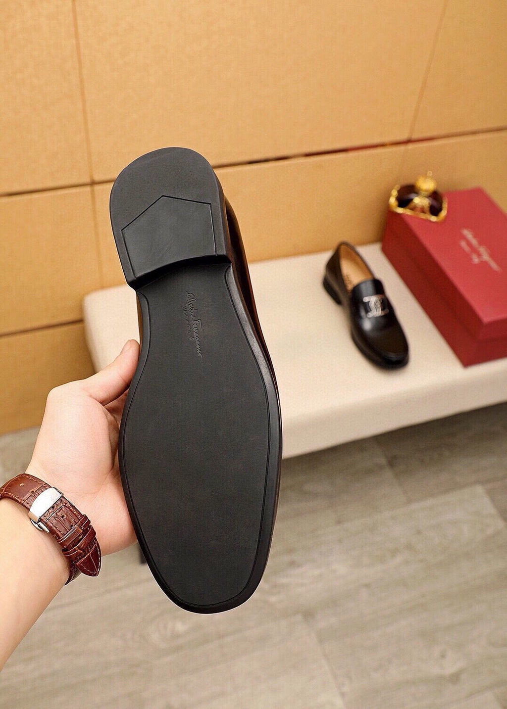 Ferragamo Black Leather Hardware Loafers - Rounded Toe