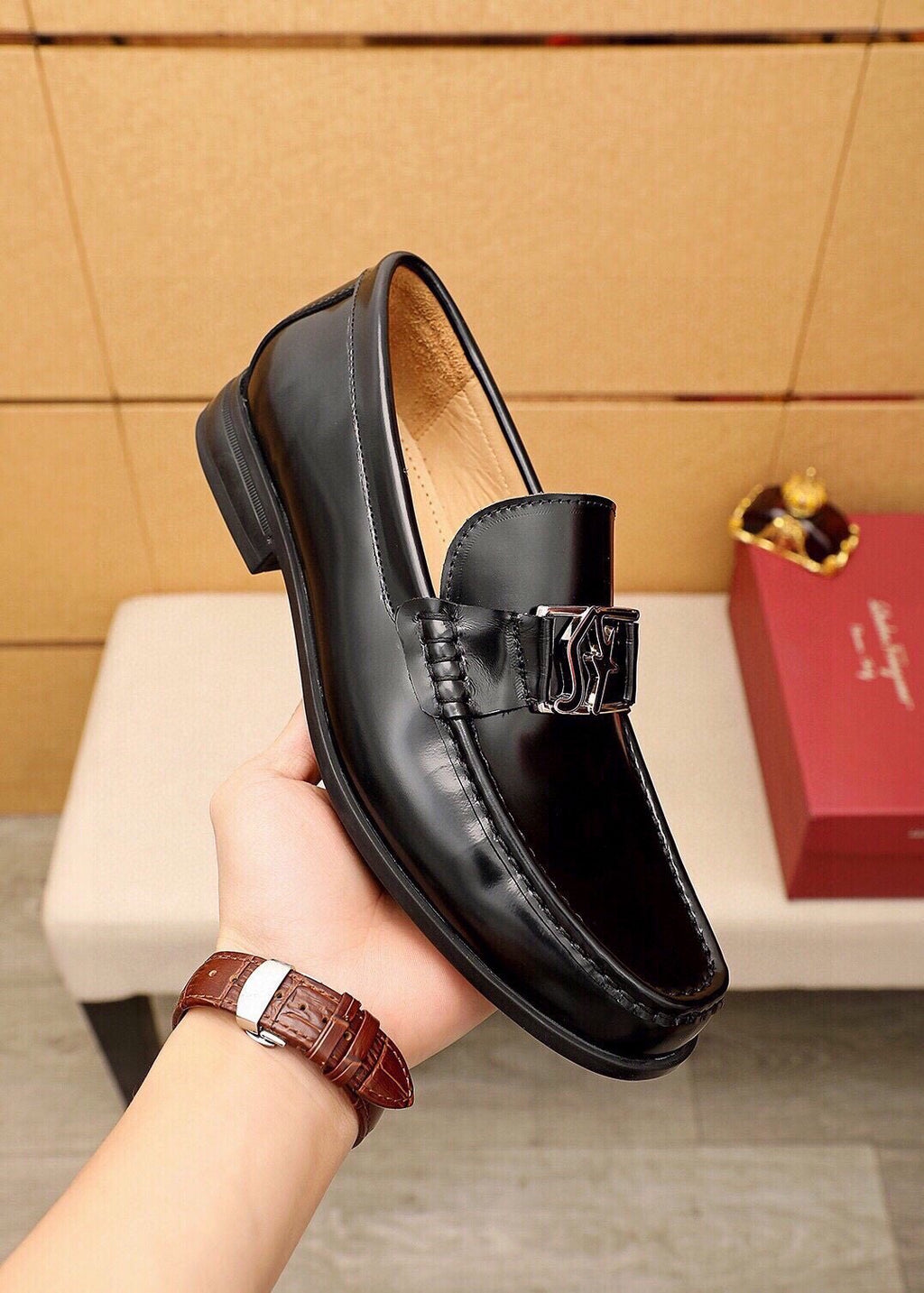 Ferragamo Black Leather Hardware Loafers - Rounded Toe