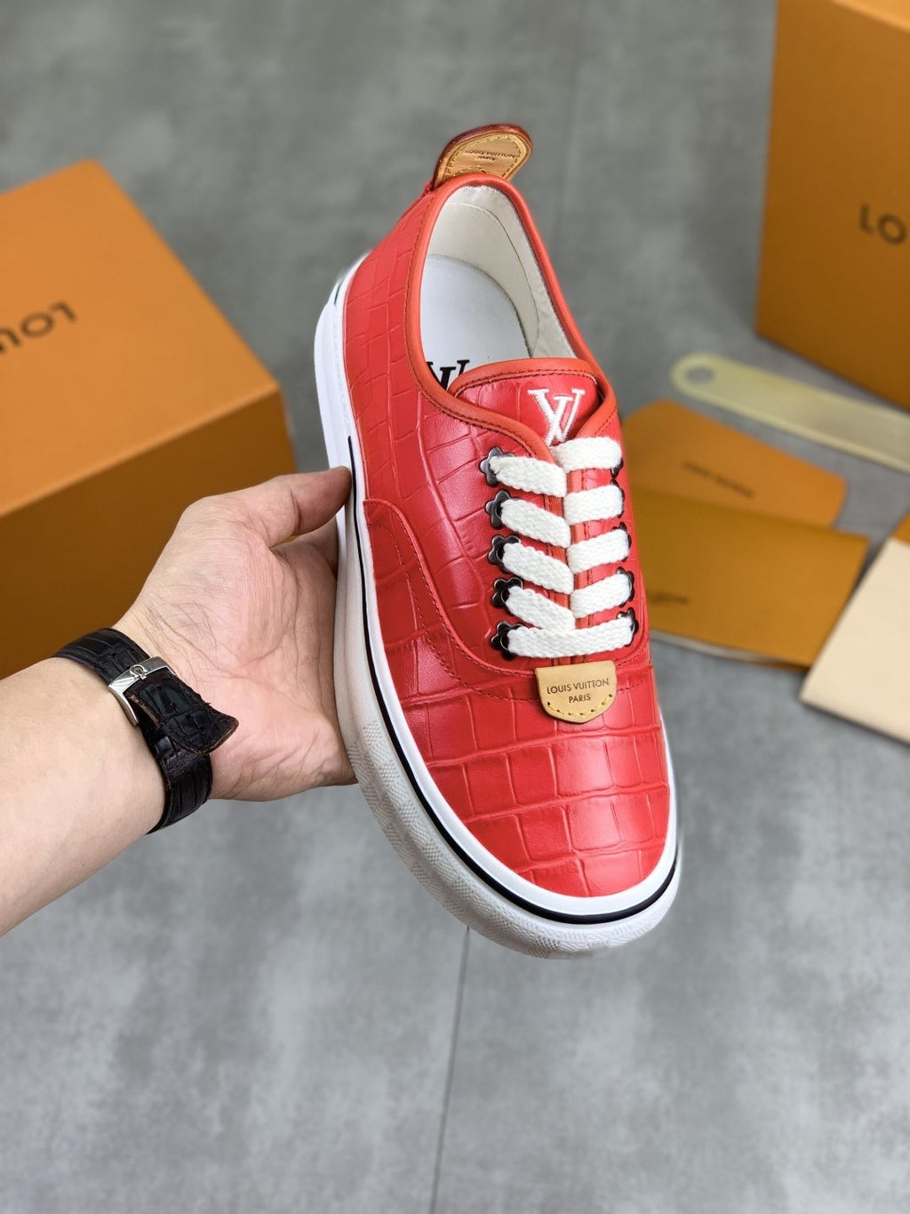 Louis Vuitton Red Embossed Low-Top Sneakers