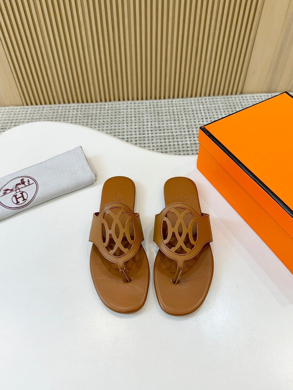 Hermès Brown Cutout Thong Sandals