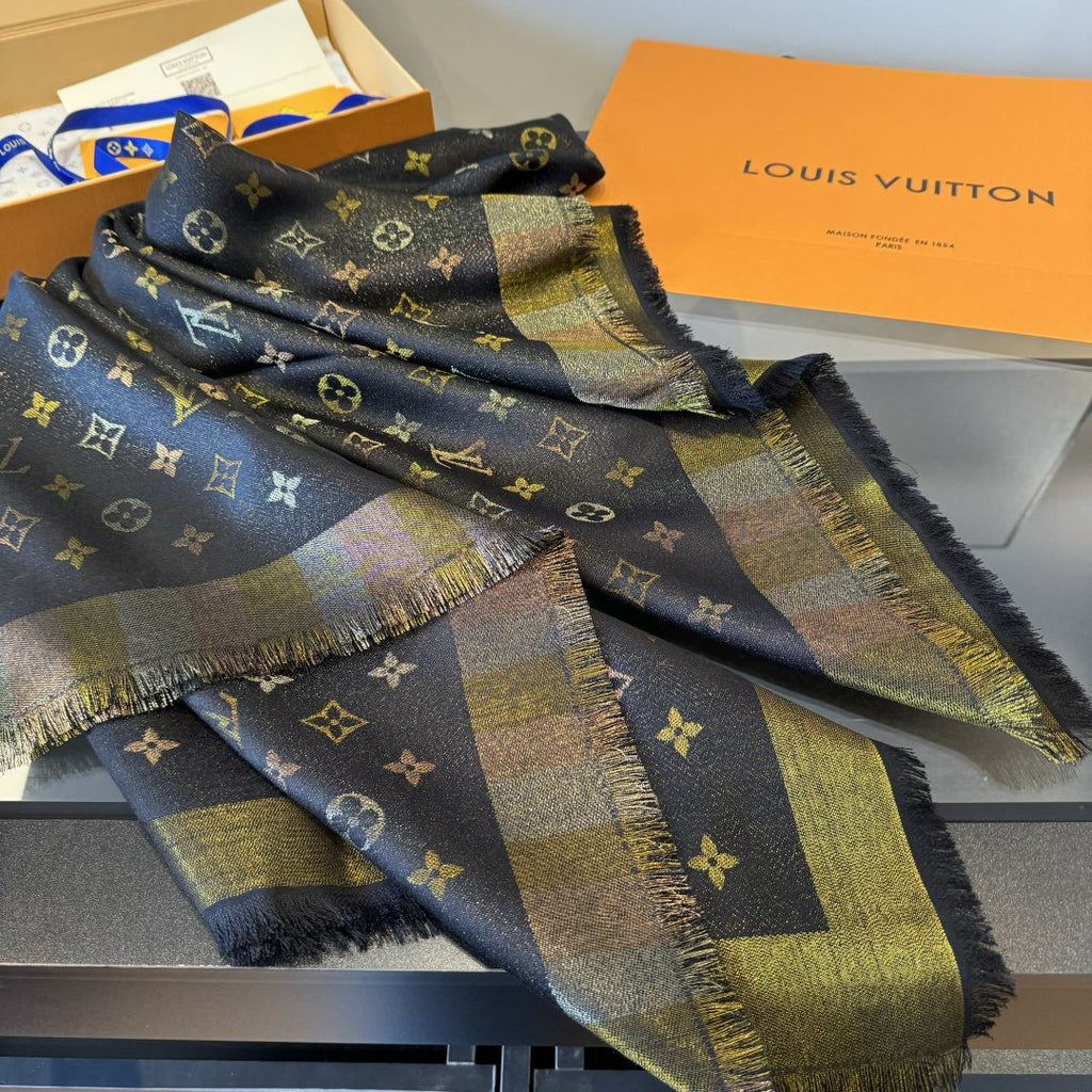Louis Vuitton Charcoal Gold Monogram Fringed Shawl