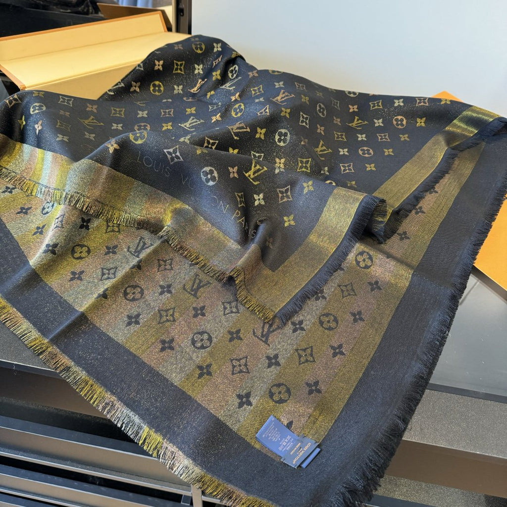 Louis Vuitton Charcoal Gold Monogram Fringed Shawl