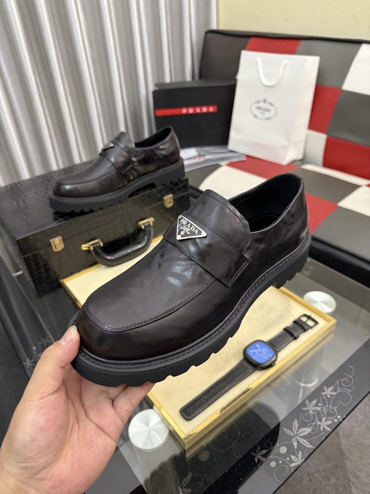 Prada Men's Plaque Strap Loafers