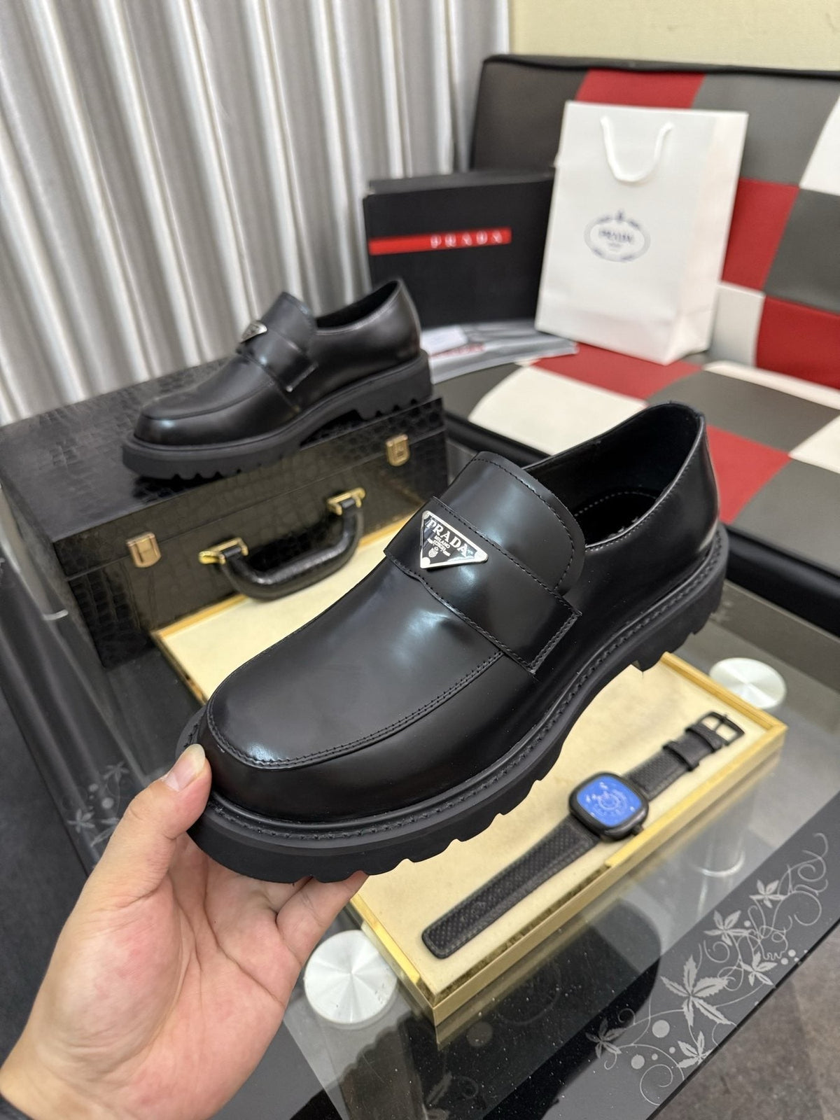 Prada Men's Plaque Strap Loafers