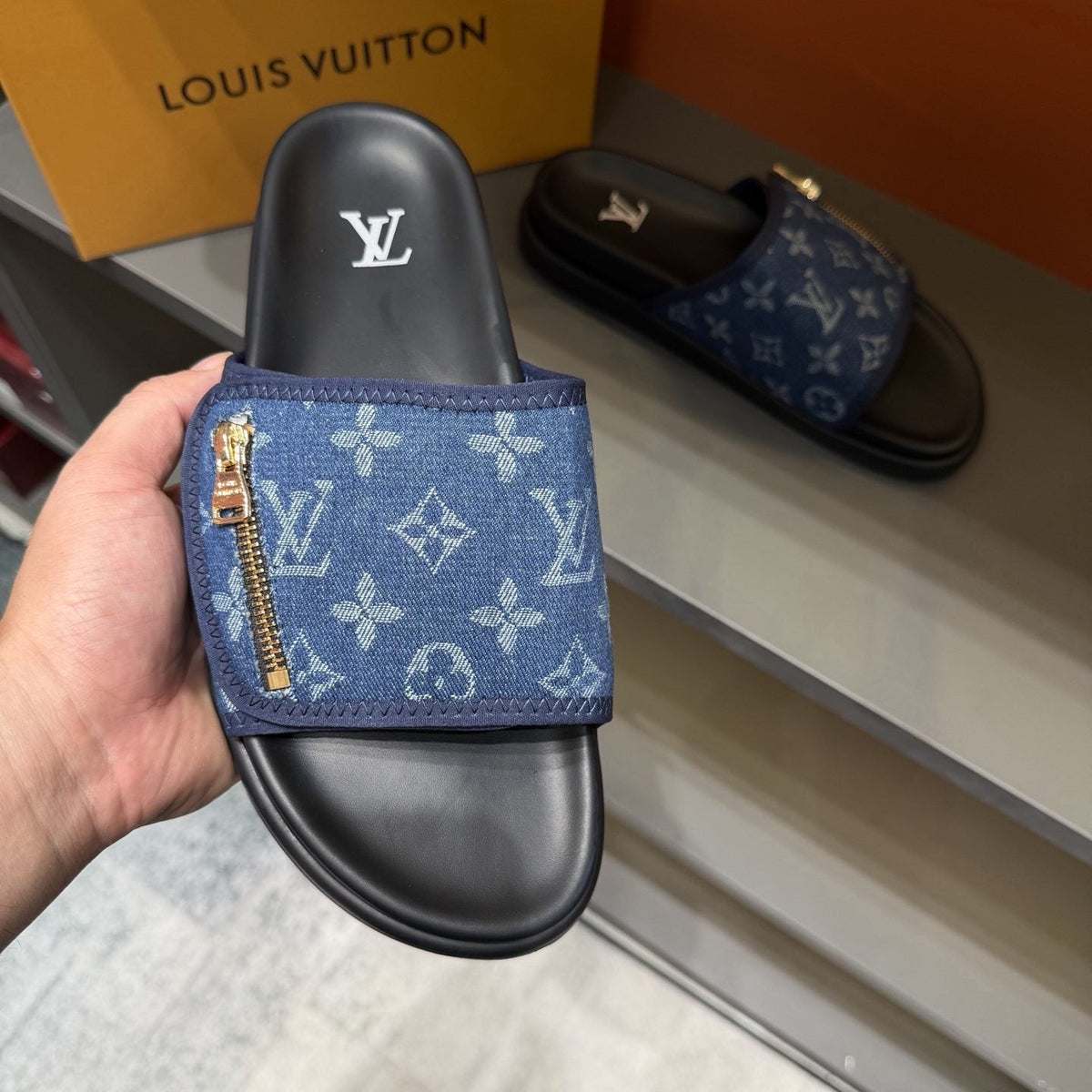 Louis Vuitton Blue Monogram Strap Slide Sandals