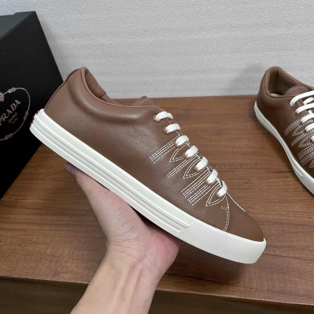 Prada Men's Low-Top Lace-Up Sneakers - Visible Stitched Upper Details