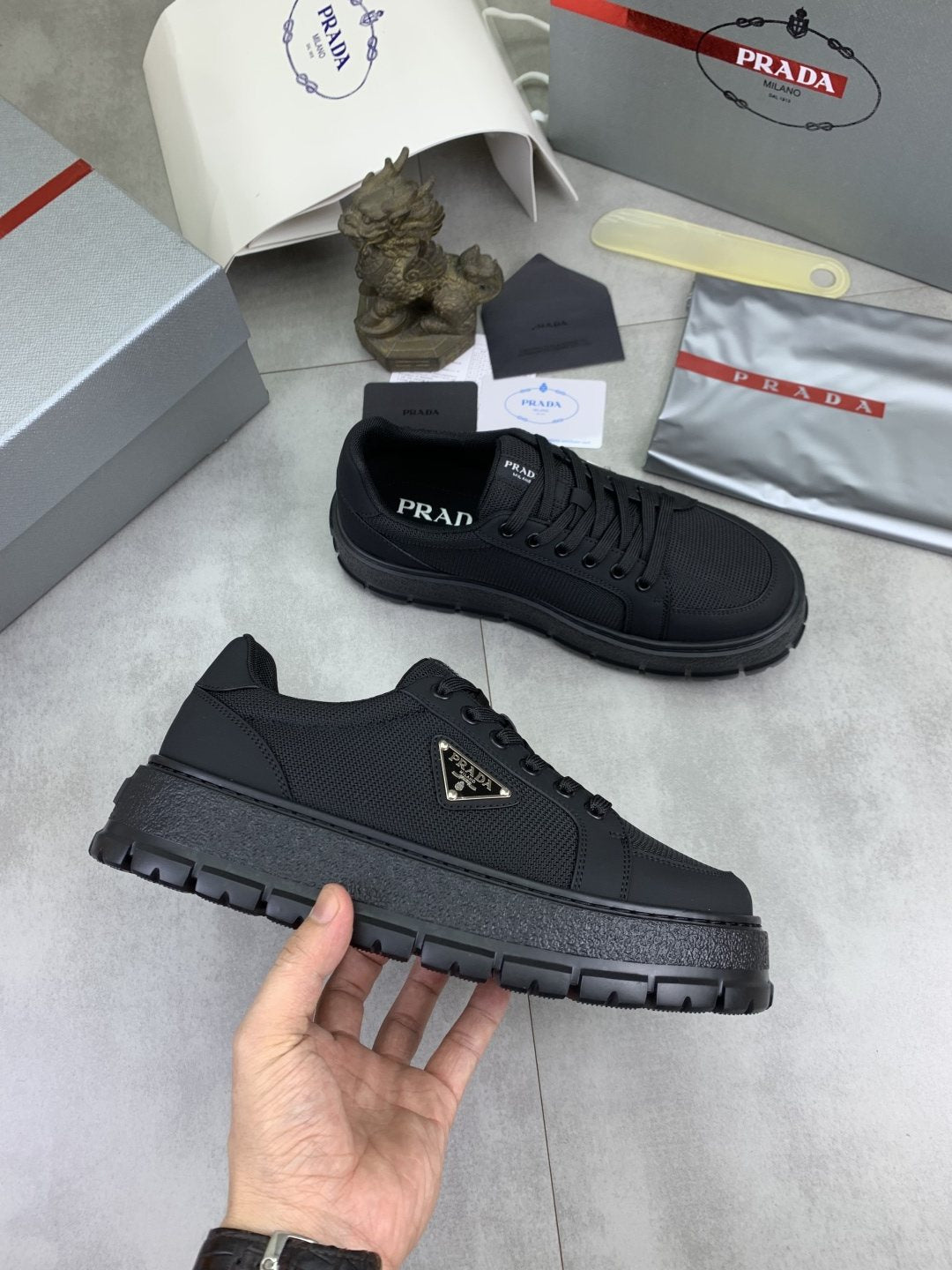 Prada Paneled Lug-Sole Sneakers